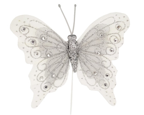 4" White Silver Glitter Butterfly Decorations - Pack of 12 Monarch Butterflies