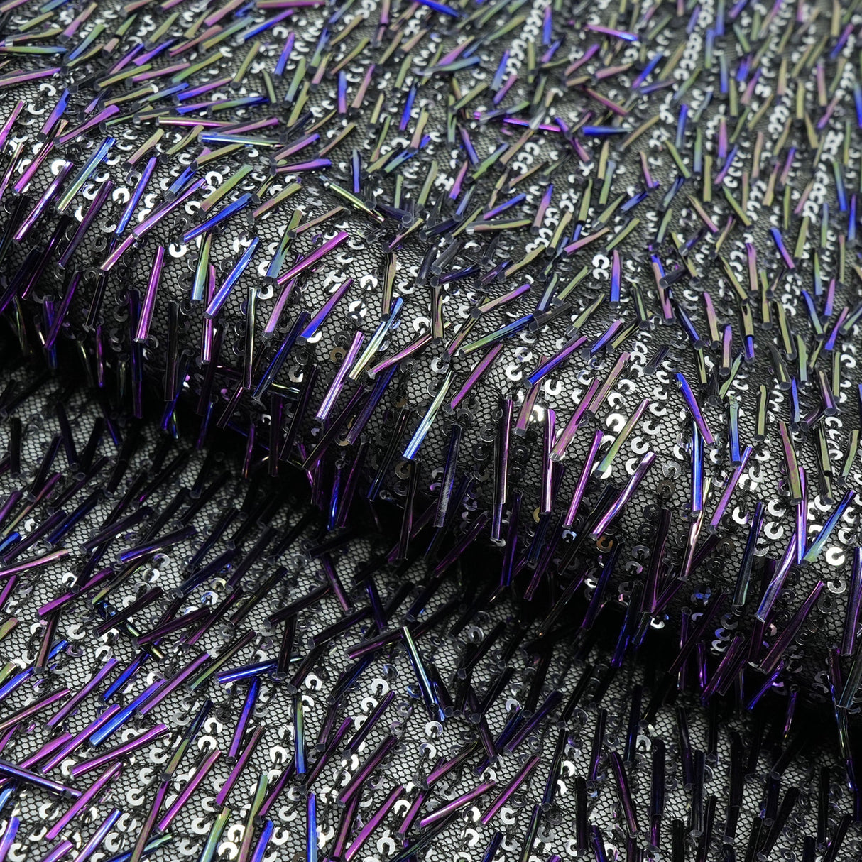 Beaded Sequin Stretch Mesh Fabric Irid Black
