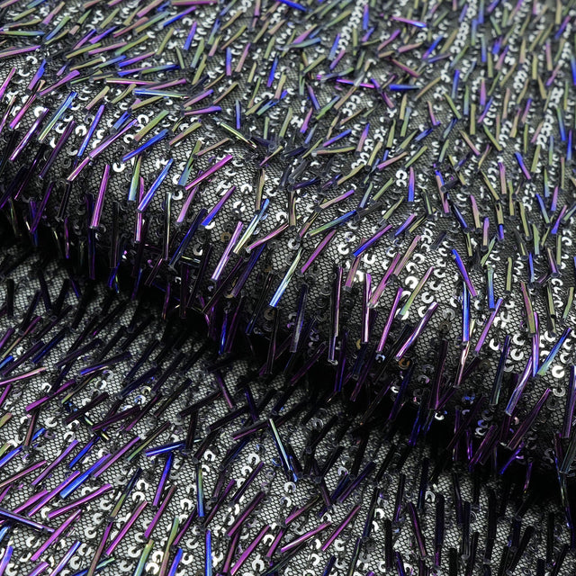 Beaded Sequin Stretch Mesh Fabric Irid Black