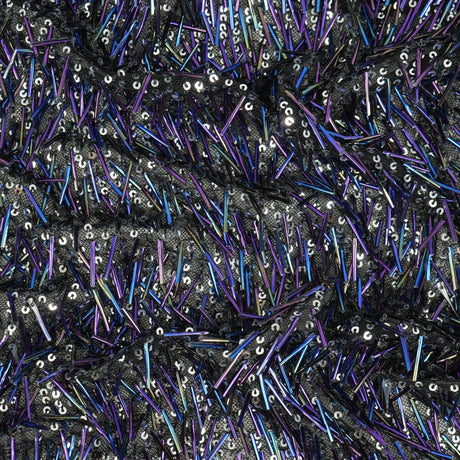 Gleam Beaded With Sequins Stretch Mesh Fabric - Irid Black, 53/54" Width, 440 GSM (1 Yard)