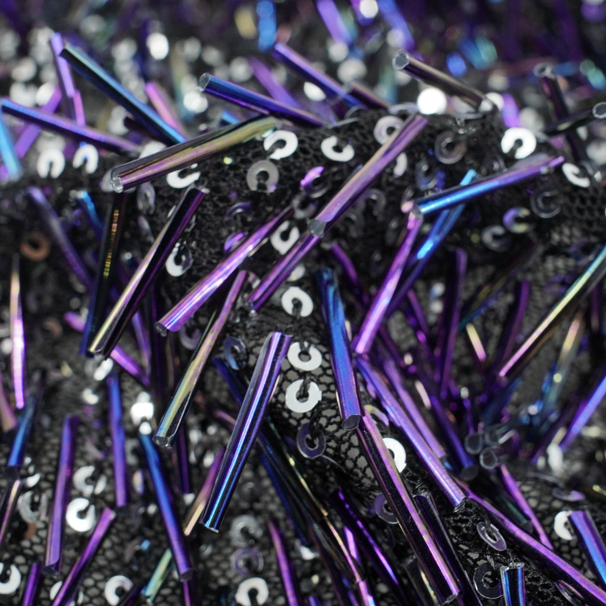 Beaded Sequin Stretch Mesh Fabric Irid Black