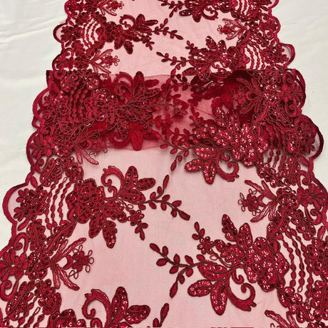 Burgundy Sequin Lace Fabric - Burgundy Embroideries On Mesh, 54" Width