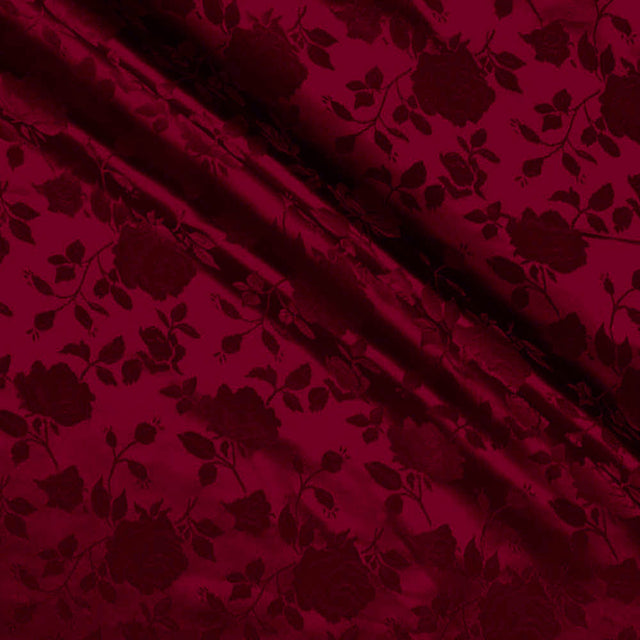 Burgundy Satin Jacquard Roses Fabric