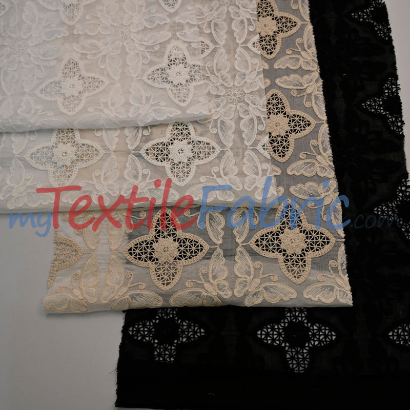 Butterfly Embroidery Cotton Fabric - White, Offwhite, Ecru, Black, 52-54" Width (1 Yard)