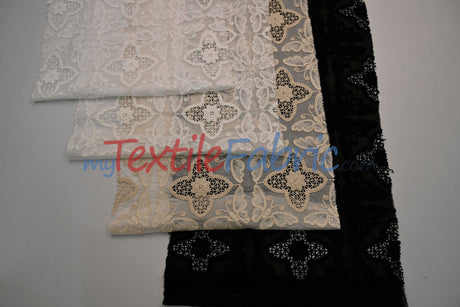 Butterfly Embroidery Cotton Fabric - White, Offwhite, Ecru, Black, 52-54" Width (1 Yard)