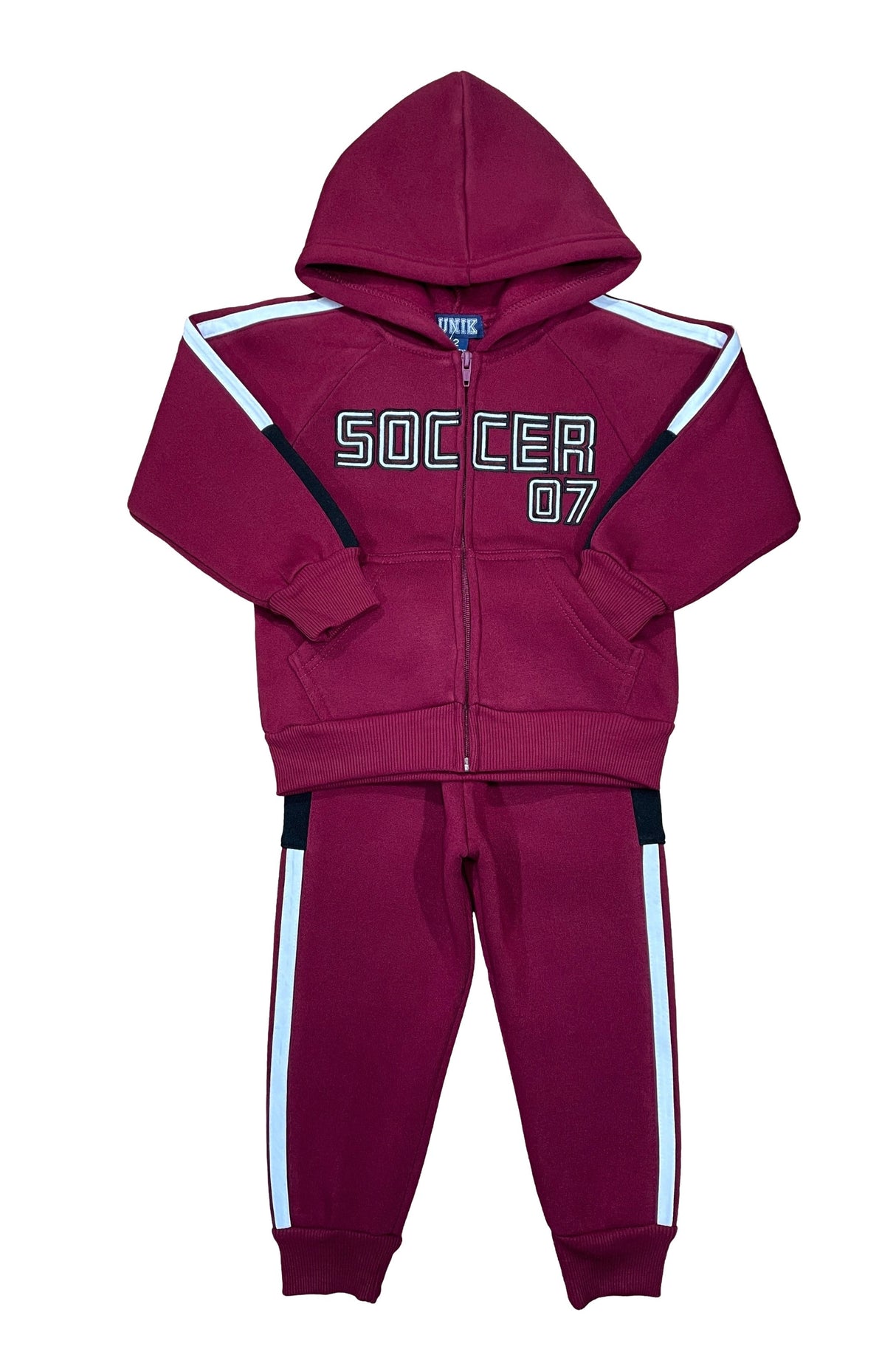 BW2173 Boy Soccer 07 Track Suit Fleece Fabric - Embroidered Soccer, Stripes, Burgundy/Grey/Navy (1 Set)
