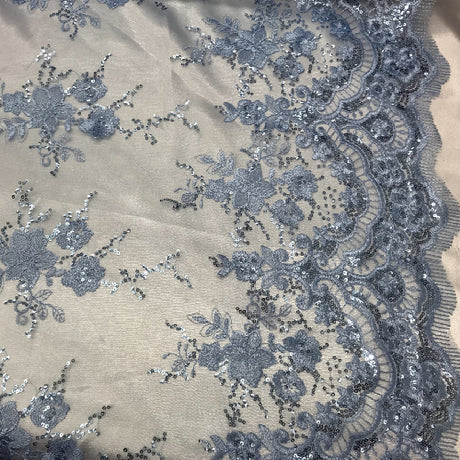 Baby Blue Sequin Lace Fabric With Embroideries On Mesh - Baby Blue, Embroidered Lace, 54" Width