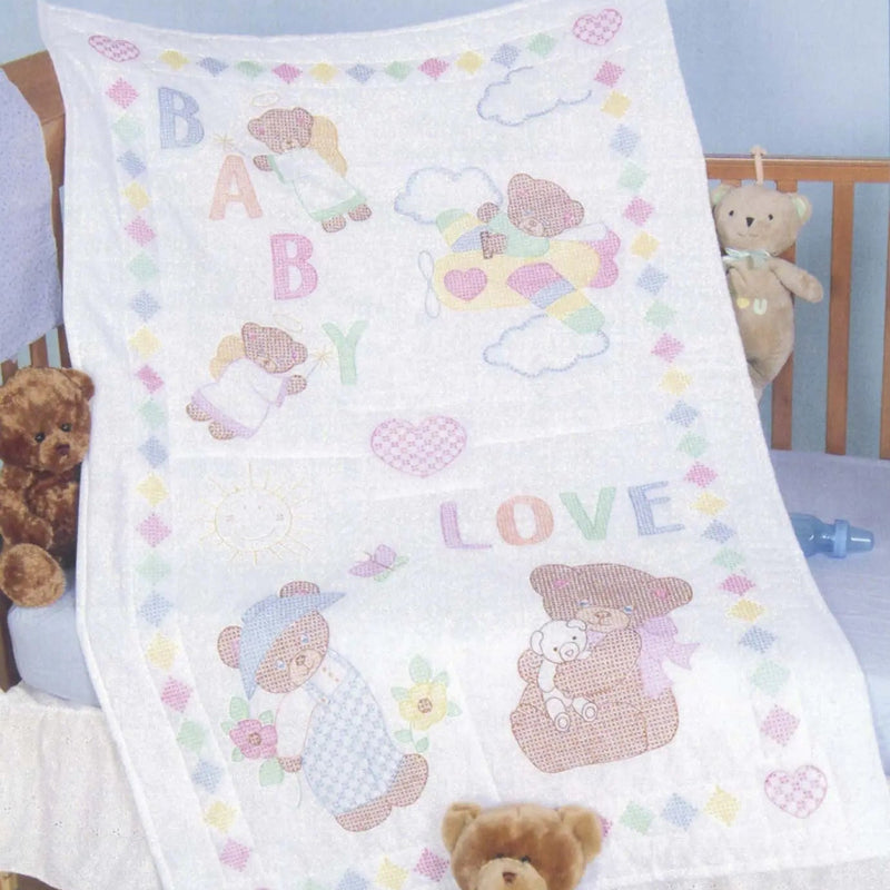 Cotton Poly Broadcloth Baby Loves Bears Crib Quilt Top