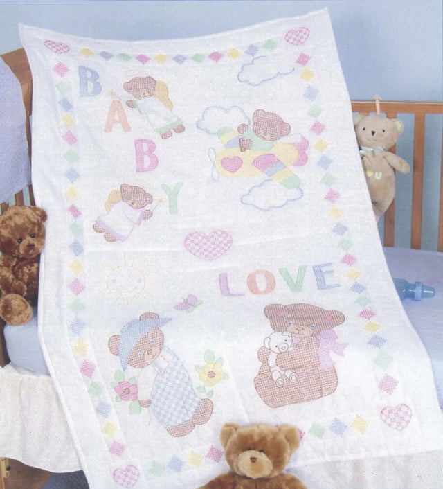 Cotton Poly Broadcloth Baby Loves Bears Crib Quilt Top