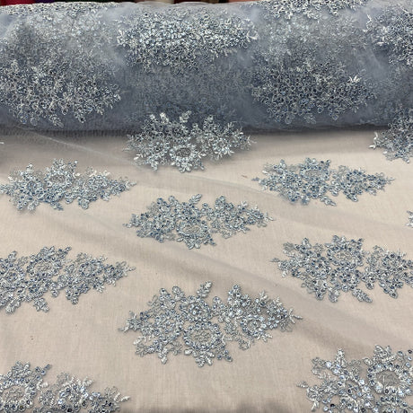 Baby Blue Sequin Lace Fabric With Embroideries On Mesh - Floral, 54" Width