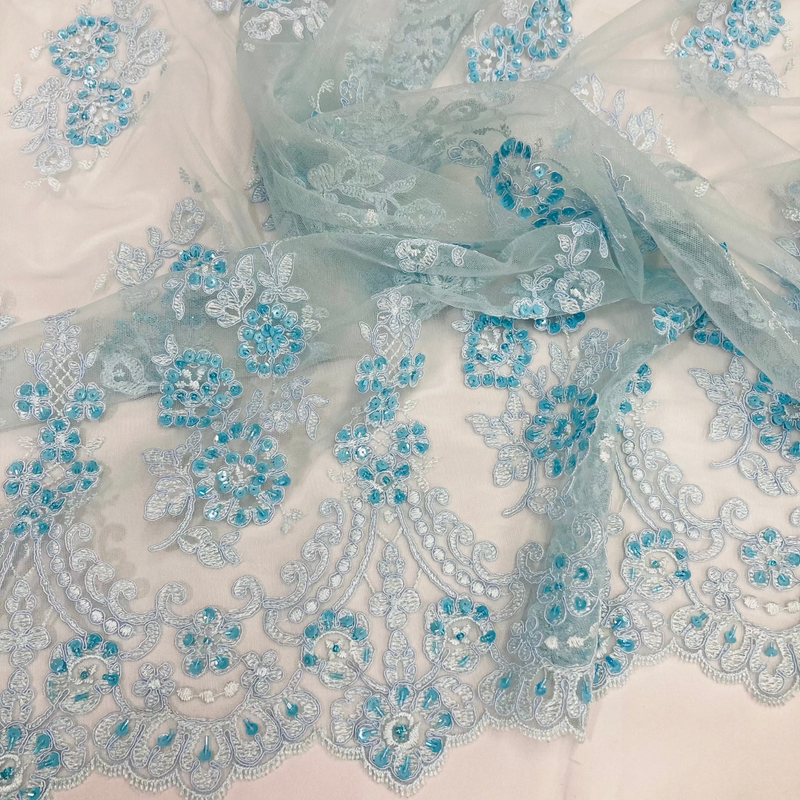 Beaded Corded Lace Fabric - Embroidered 100% Polyester Net Mesh, 52" Width (1 Yard)
