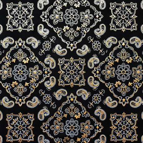 Bandana Foil Printed Nylon Spandex Fabric - Black/Turquoise, Bandana Paisley Foil Pattern, 54/56" Width (1 Yard)