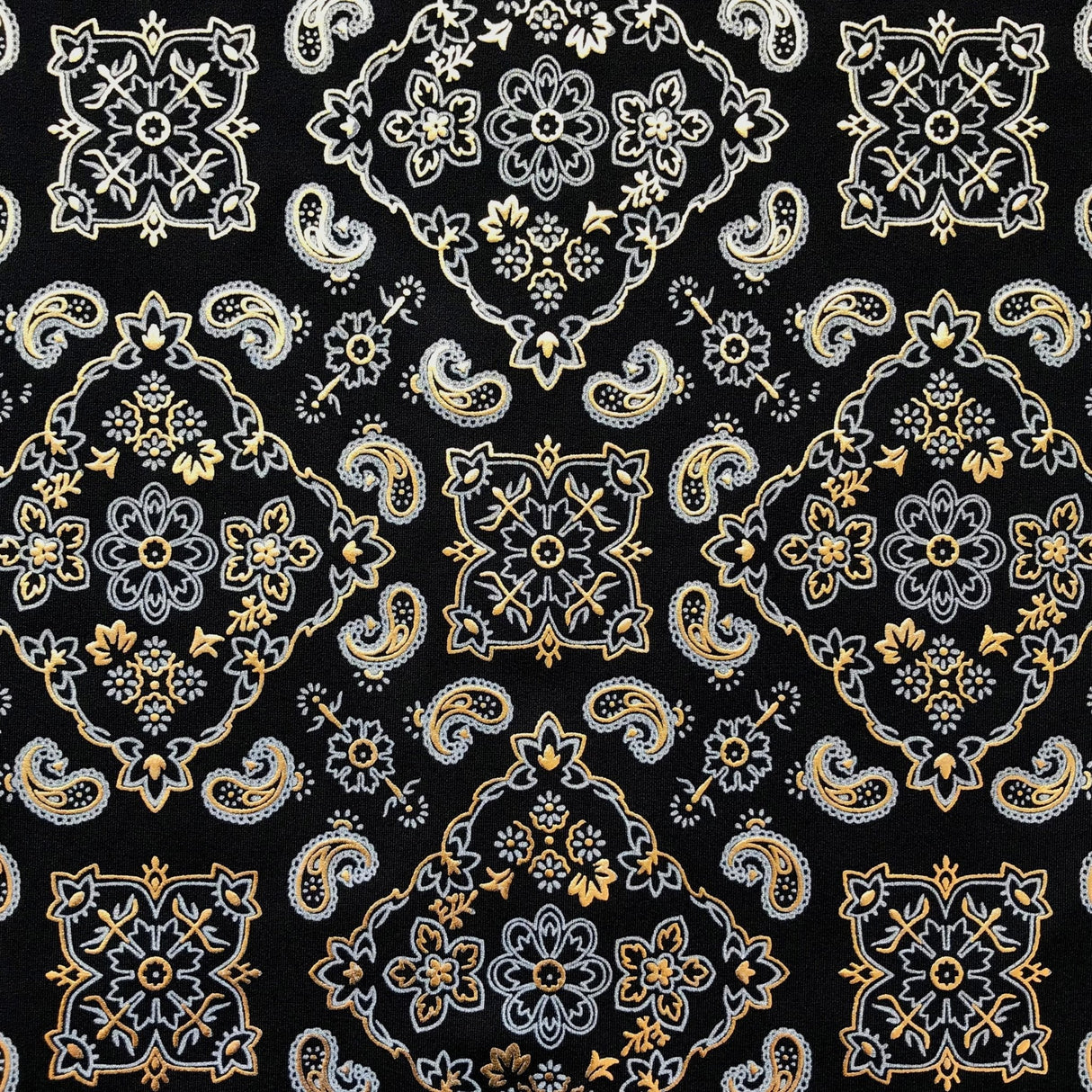 Bandana Foil Printed Nylon Spandex Fabric - Black/Turquoise Bandana Paisley Foil Pattern, 54/56" Width (1 Yard)