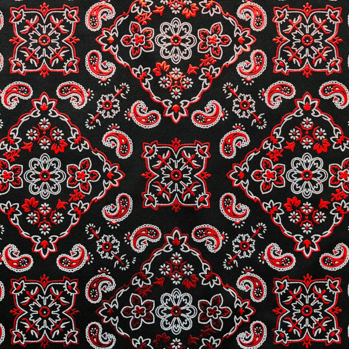 Bandana Foil Printed Nylon Spandex Fabric - Black/Turquoise Bandana Paisley Foil Pattern, 54/56" Width (1 Yard)