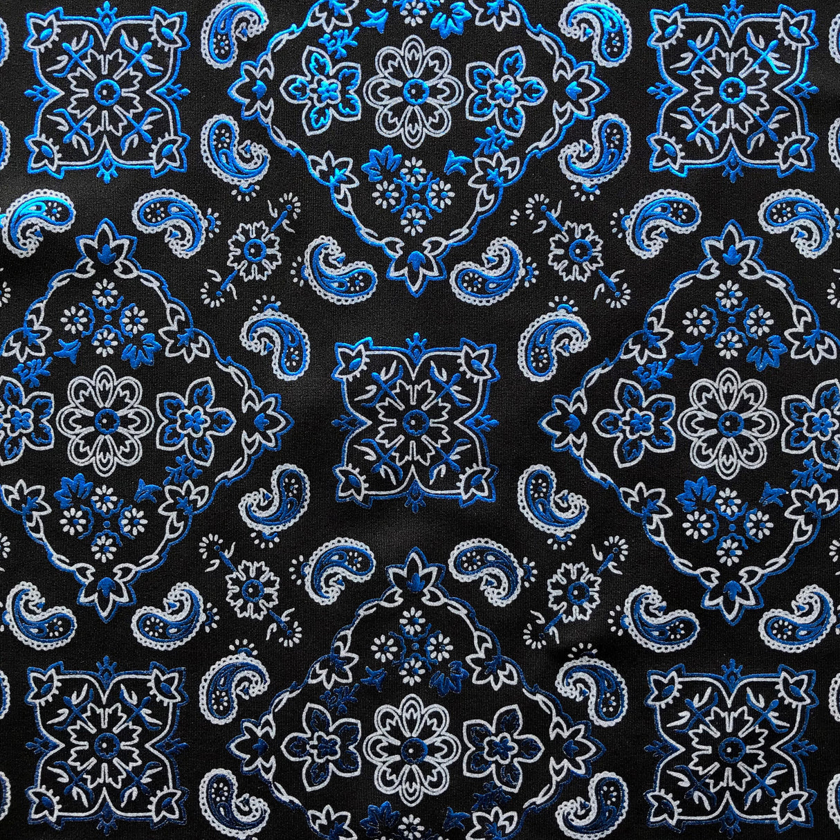 Bandana Foil Printed Nylon Spandex Fabric - Black/Turquoise, Bandana Paisley Foil Pattern, 54/56" Width (1 Yard)