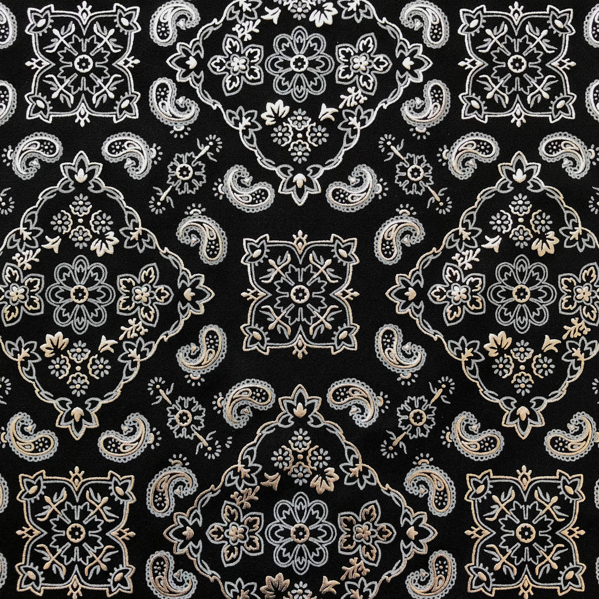 Bandana Foil Printed Nylon Spandex Fabric - Black/Turquoise, Bandana Paisley Foil Pattern, 54/56" Width (1 Yard)