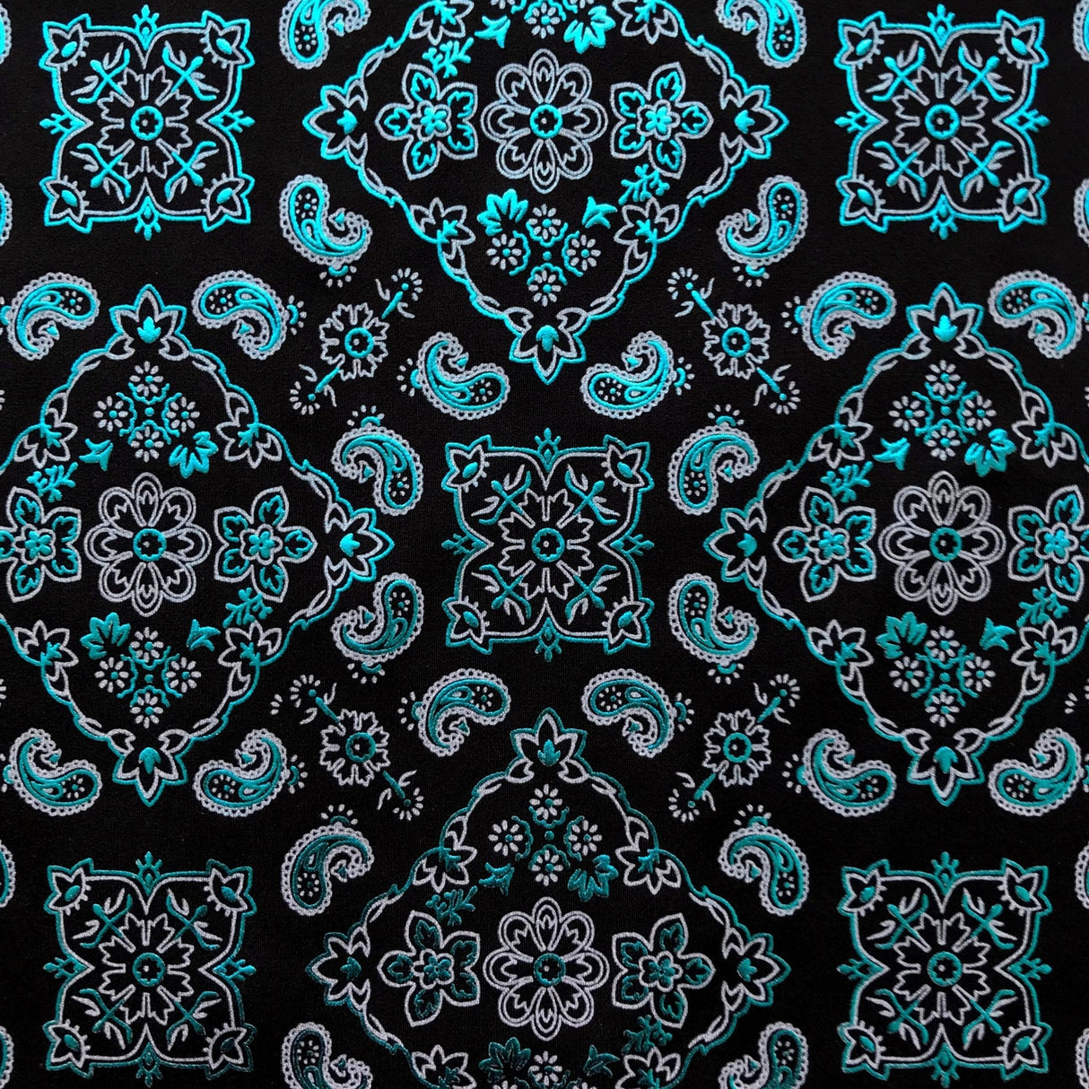 Bandana Foil Printed Nylon Spandex Fabric - Black/Turquoise Bandana Paisley Foil Pattern, 54/56" Width (1 Yard)