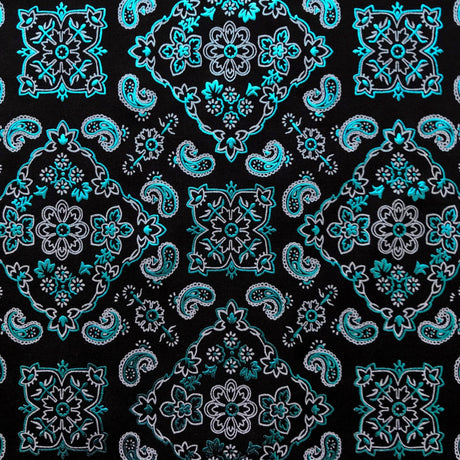 Bandana Foil Printed Nylon Spandex Fabric - Black/Turquoise Bandana Paisley Foil Pattern, 54/56" Width (1 Yard)