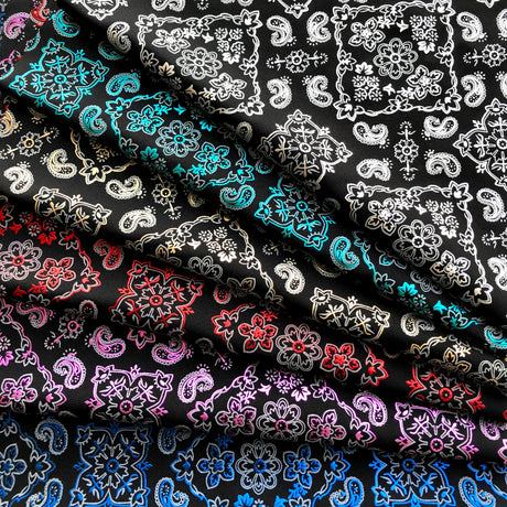 Bandana Foil Printed Nylon Spandex Fabric - Black/Turquoise, Bandana Paisley Foil Pattern, 54/56" Width (1 Yard)