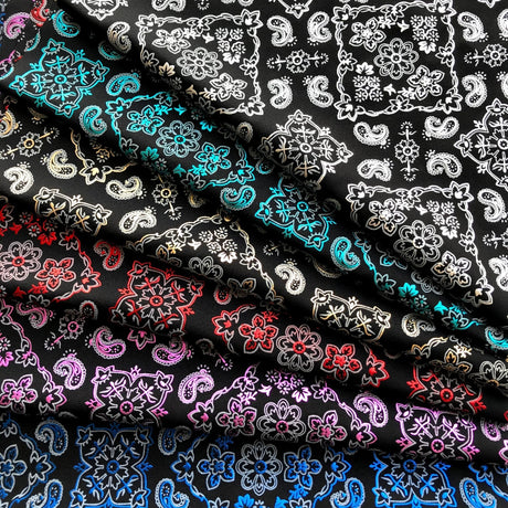 Bandana Foil Printed Nylon Spandex Fabric - Black/Turquoise Bandana Paisley Foil Pattern, 54/56" Width (1 Yard)