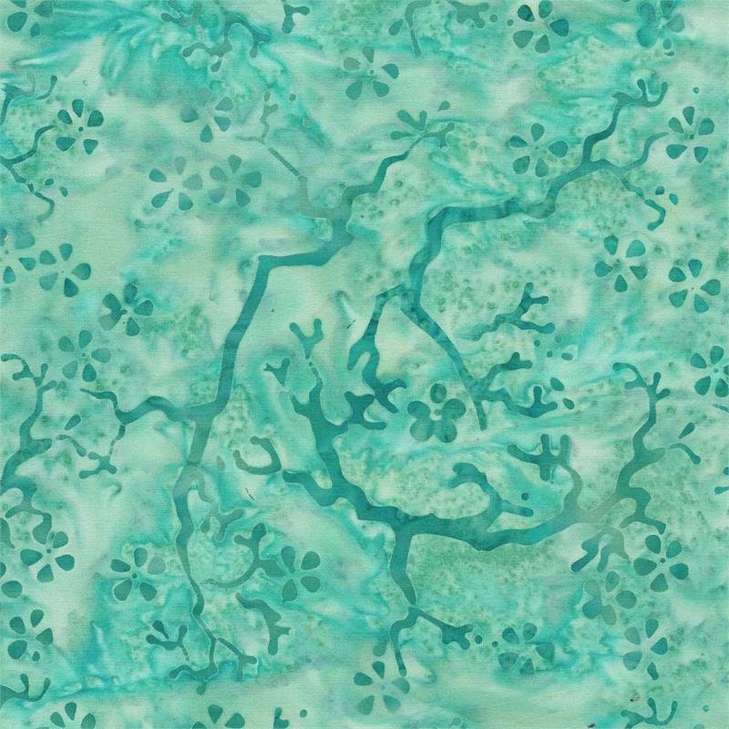 Batik Cotton Turquoise Green Trees Branches and Flowers