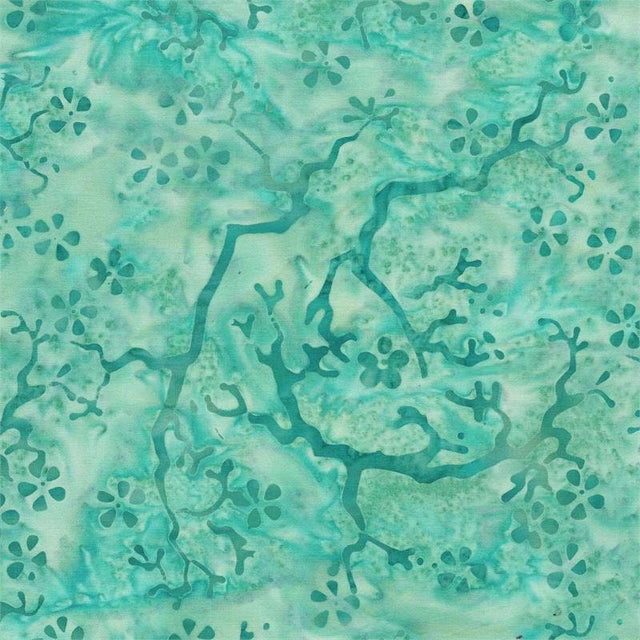 Batik Cotton Turquoise Green Trees Branches and Flowers