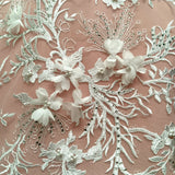 1 Yard White Elegant Beaded and Rhinestone 3D Floral Lace Fabric Embroidered on Polyester Net Mesh 52 inch Width
