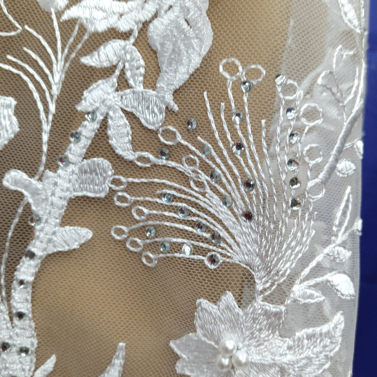 1 Yard White Elegant Beaded and Rhinestone 3D Floral Lace Fabric Embroidered on Polyester Net Mesh 52 inch Width