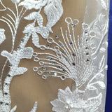 1 Yard White Elegant Beaded and Rhinestone 3D Floral Lace Fabric Embroidered on Polyester Net Mesh 52 inch Width