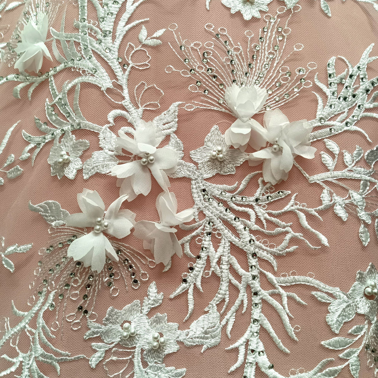 Beaded Rhinestone 3D Floral Lace Fabric