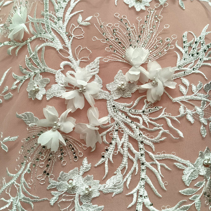 1 Yard Beaded Rhinestone 3D Floral Lace Fabric for Bridal Dresses White