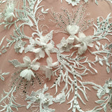 1 Yard Beaded Rhinestone 3D Floral Lace Fabric for Bridal Dresses White