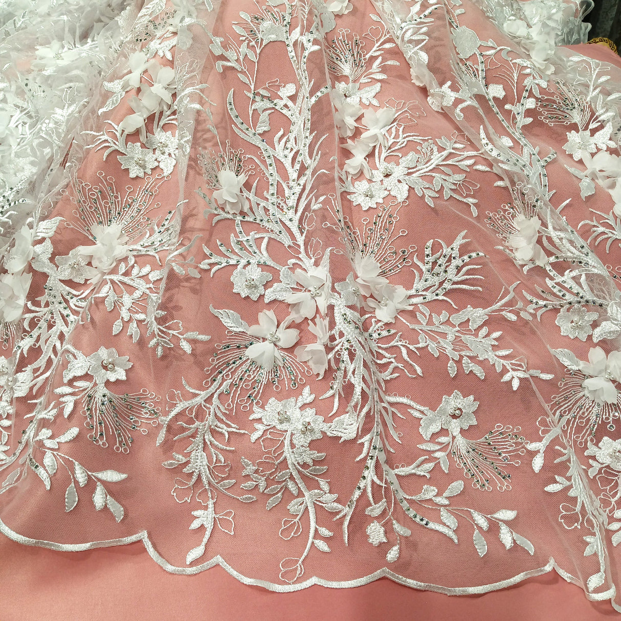 Beaded Rhinestone 3D Floral Lace White
