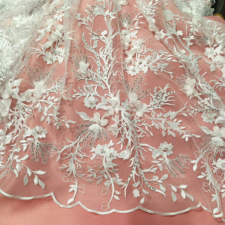 Beaded Rhinestone 3D Floral Lace Fabric - White, 52" Width (1 Yard)