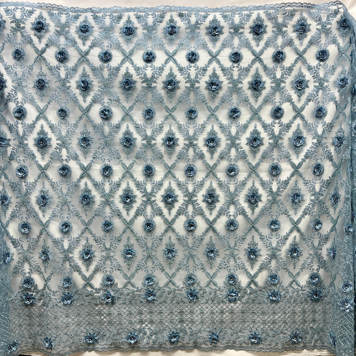 1 Yard Beaded 3D Floral Lace Fabric, Navy Embroidered Mesh, Polyester, 51” Wide,