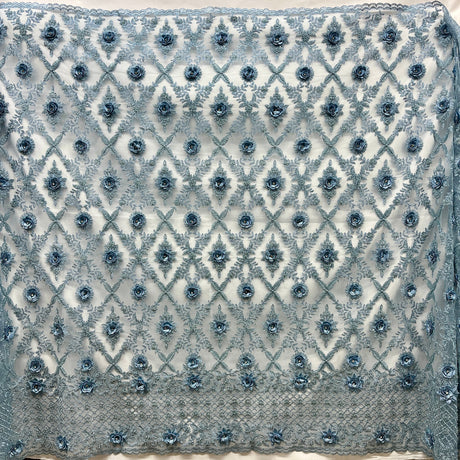 1 Yard Beaded 3D Floral Lace Fabric, Navy Embroidered Mesh, Polyester, 51” Wide,