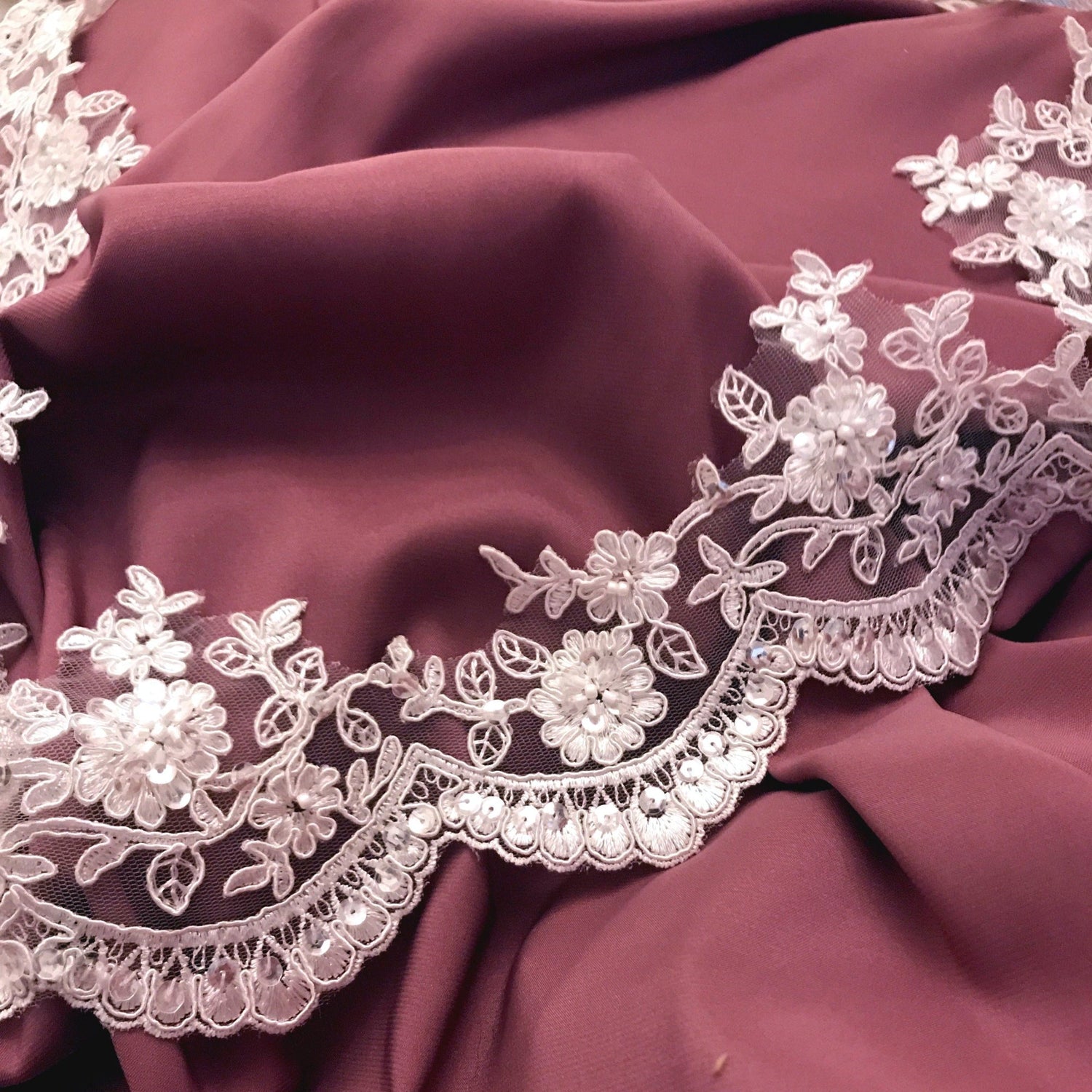 Beaded Corded Floral Scalloped Bridal Lace Trimming Polyester Fabric - Beaded Floral Scalloped, 4" Width (1 Yard)