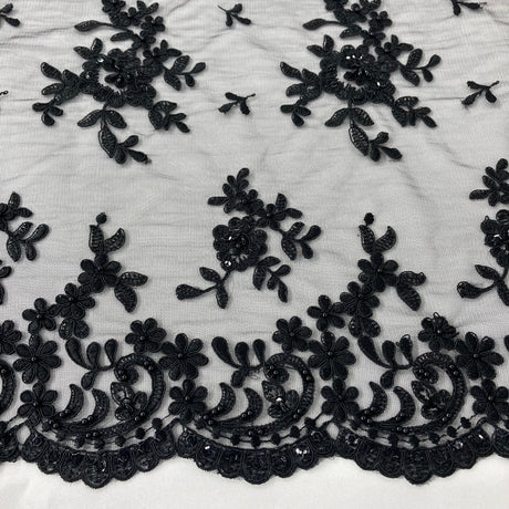 Beaded Corded Floral Lace Fabric