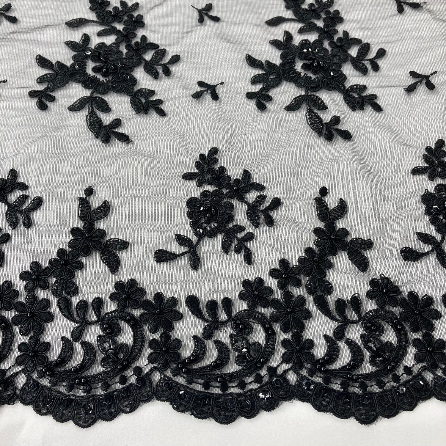 Beaded Corded Floral Lace Fabric 52" Scalloped Edges