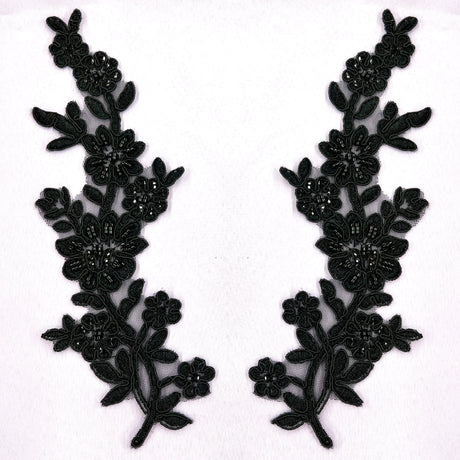 Beaded & Corded Floral Lace Applique Embroidered On 100 Percent Polyester Net Mesh Fabric - Floral Applique, 10" X 2" Each Side (1 Pair)
