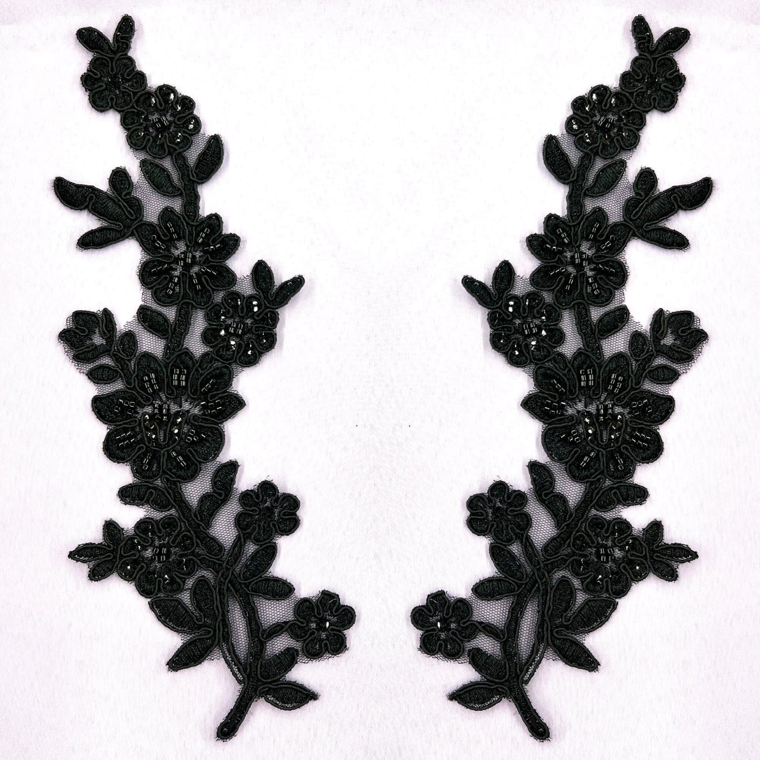 Beaded Corded Floral Lace Applique 100% Polyester Net Mesh