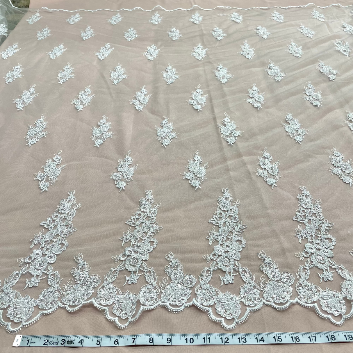Beaded Corded Floral Lace White Mesh