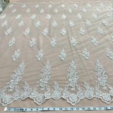 Beaded Corded Floral Lace White Mesh