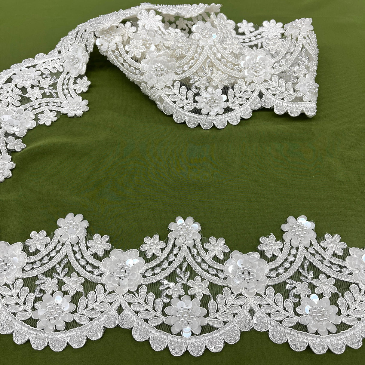 1 Yard Beaded & Corded Floral Lace Trimming 4.5" Wide Embroidered on 100% Polyester Net Mesh