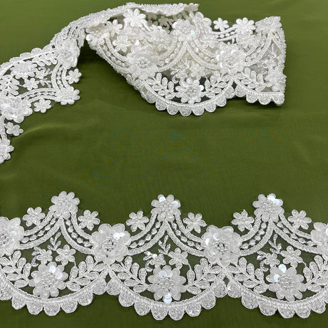 1 Yard Beaded & Corded Floral Lace Trimming 4.5" Wide Embroidered on 100% Polyester Net Mesh