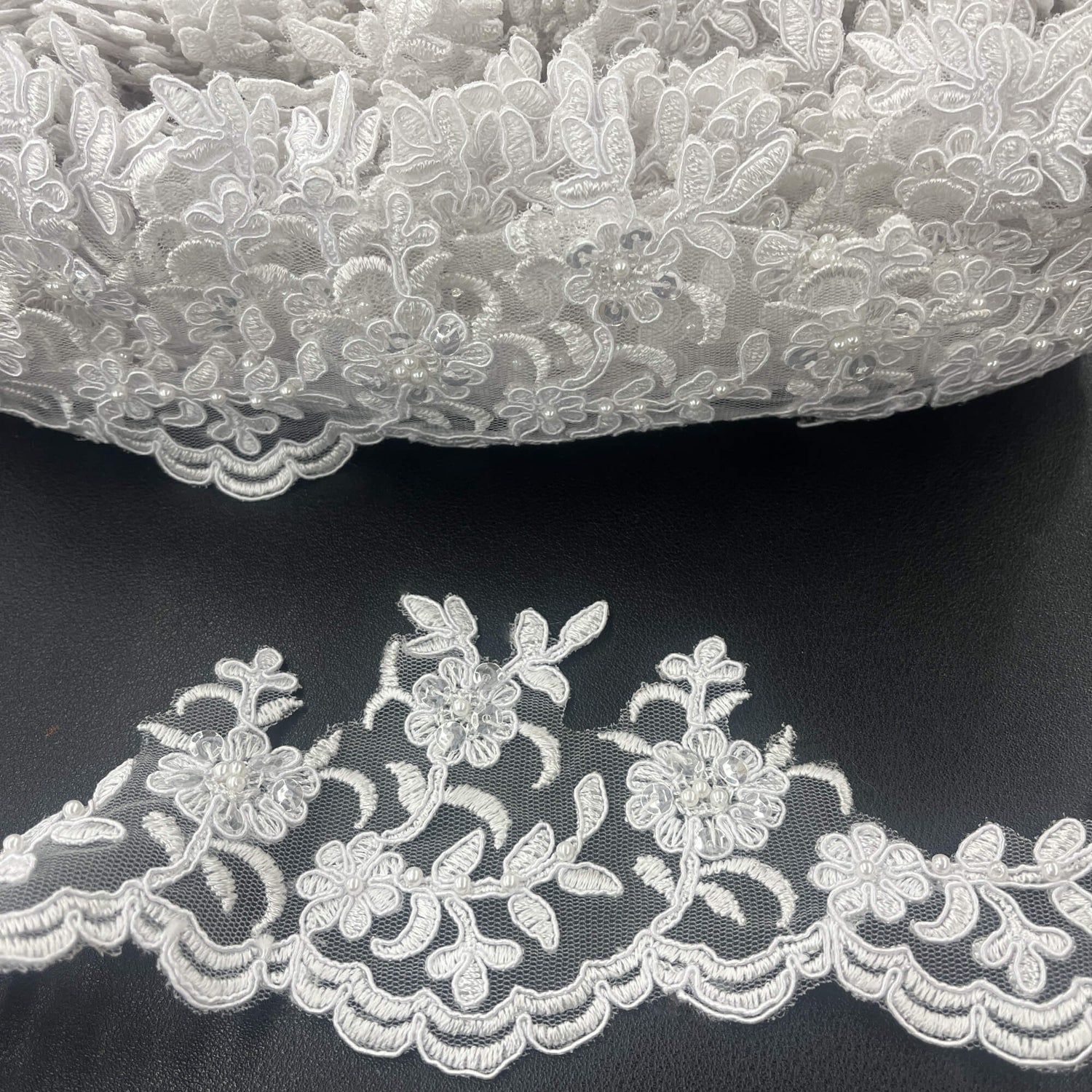 Beaded Corded Scalloped Lace Trim Polyester Fabric - White With Silver, 4" Width (1 Yard)
