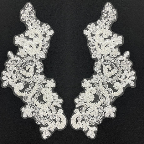 Beaded Corded Floral Lace Applique 100 Percent Polyester Fabric - Floral Embroidered, 9" X 3" Each Side (1 Pair)