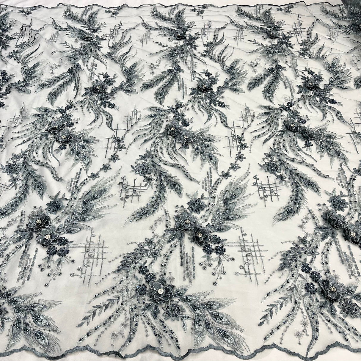 Beaded 3D Floral Lace Fabric