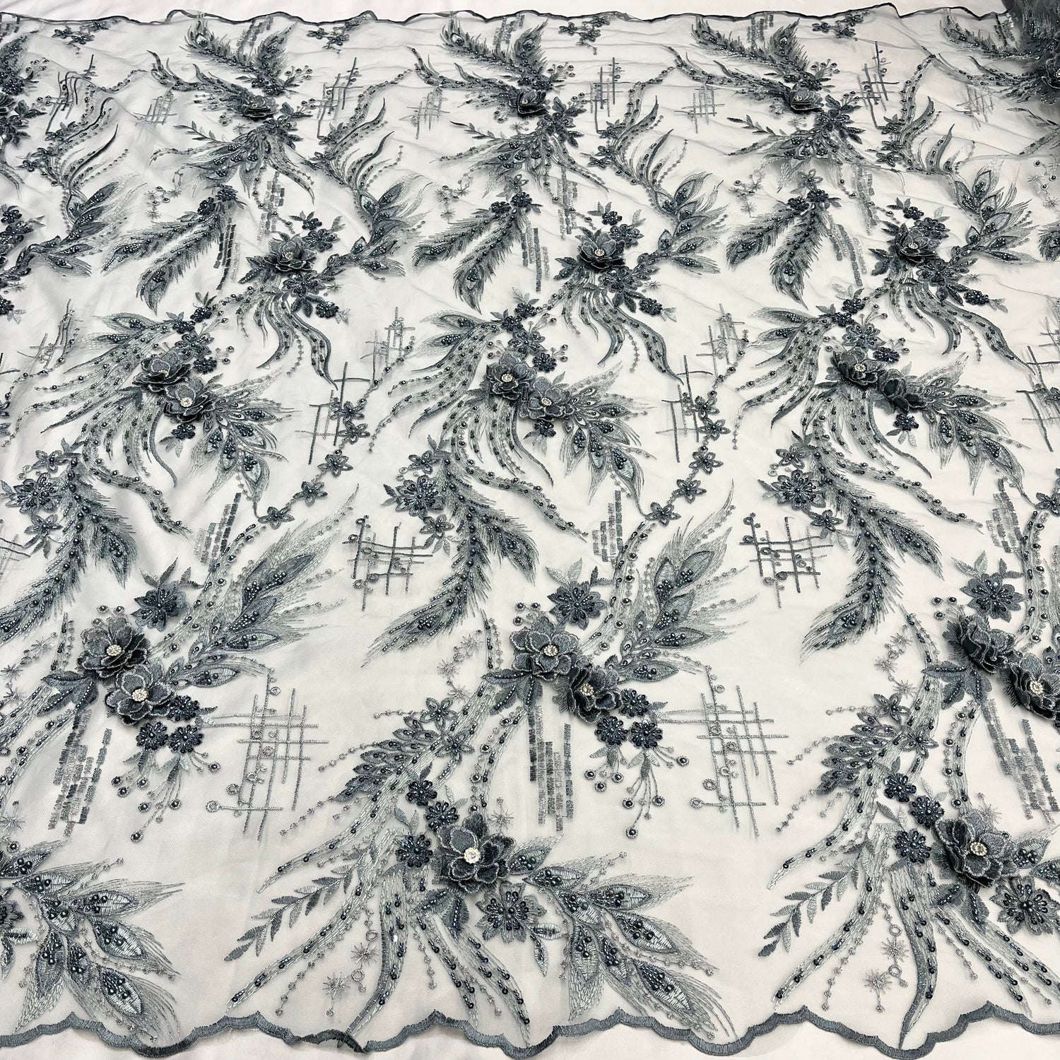 Beaded 3D Floral Lace Fabric