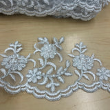 Beaded Corded Scalloped Lace Trim Polyester Fabric - White With Silver, 4" Width (1 Yard)